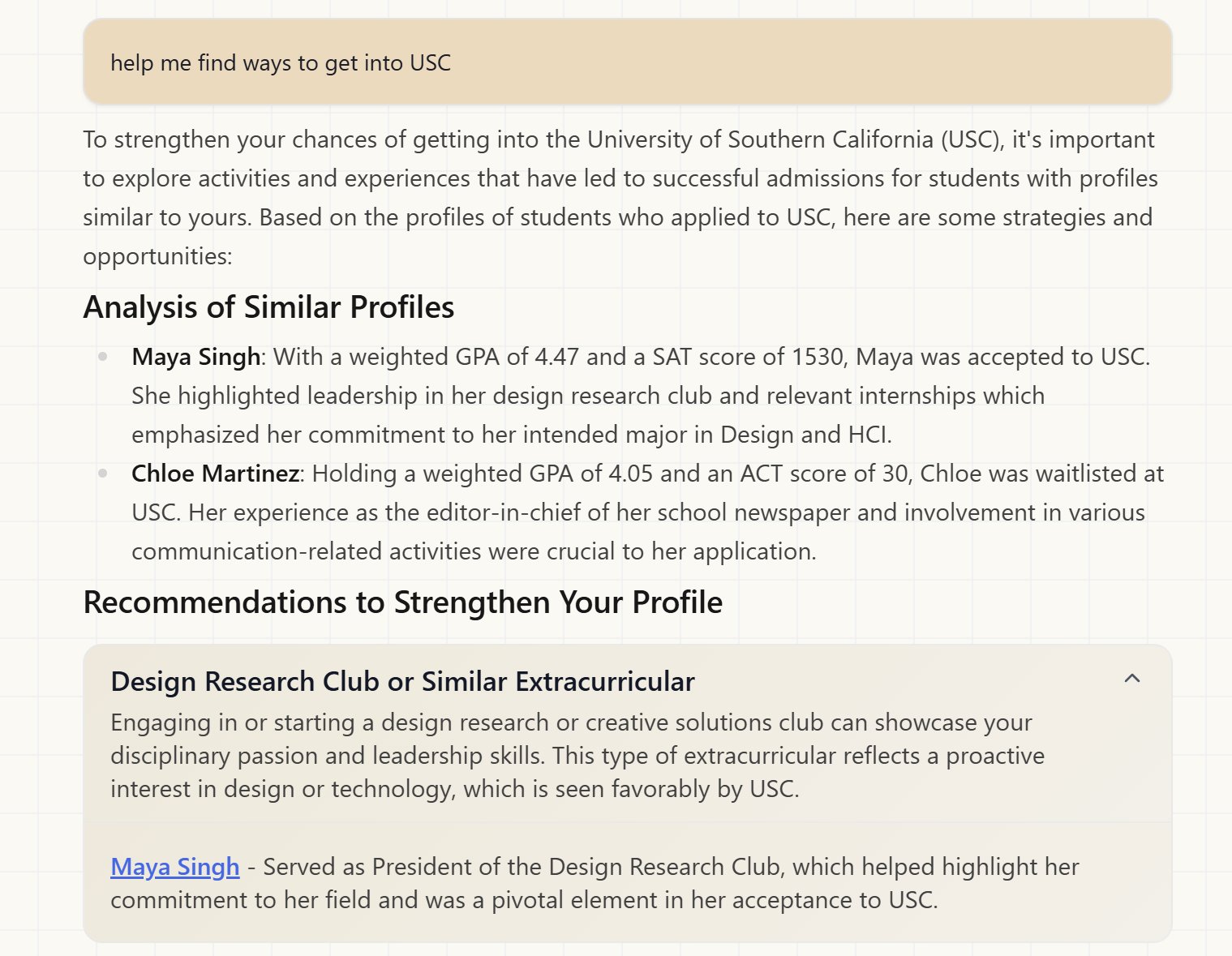 Personalized guidance page with similar profiles and recommendations