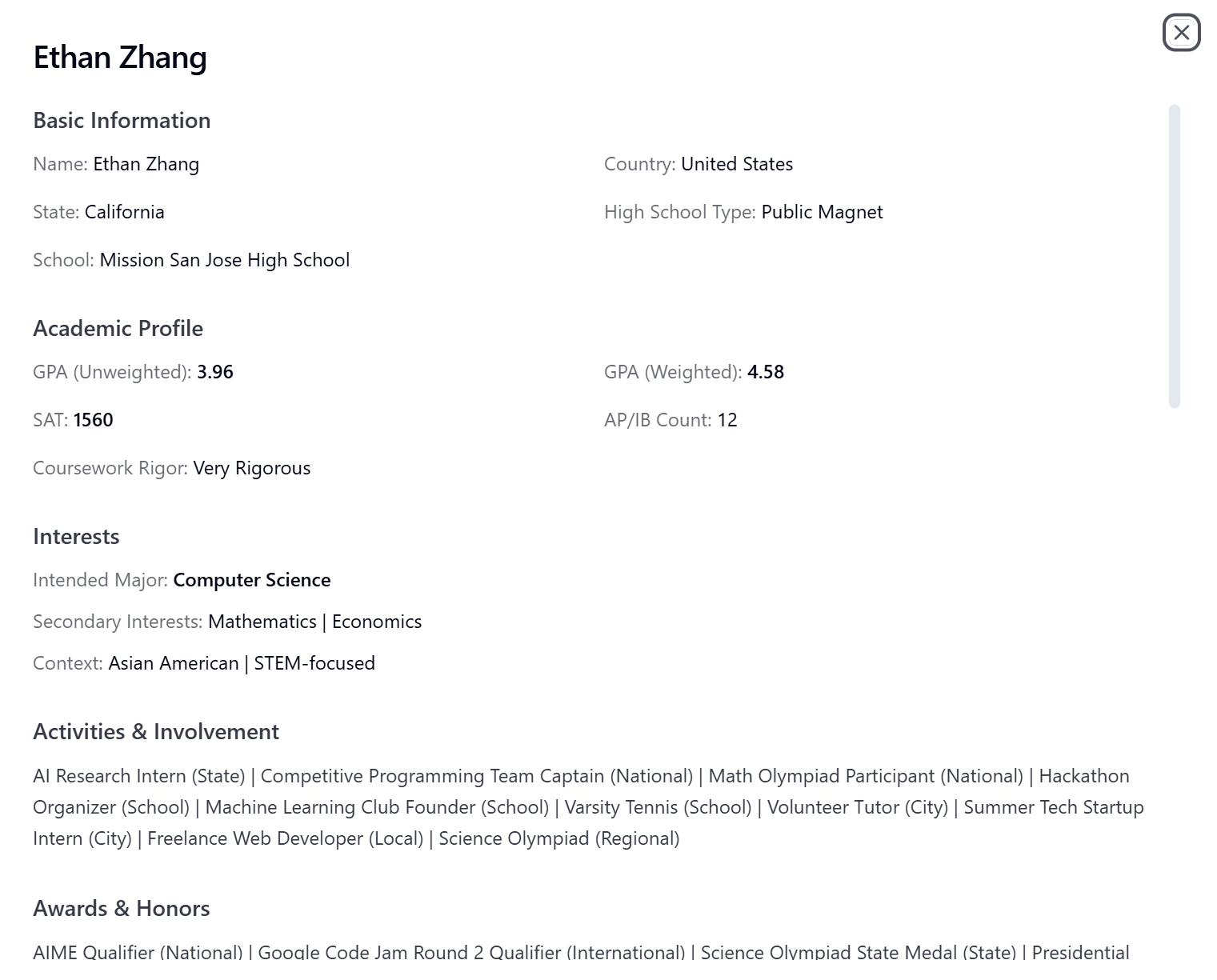 Detailed student profile with academics, activities, and awards